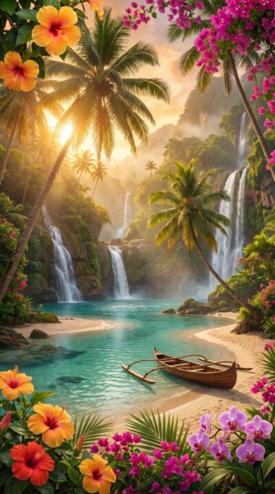 Tropical Island Waterfall Wallpaper