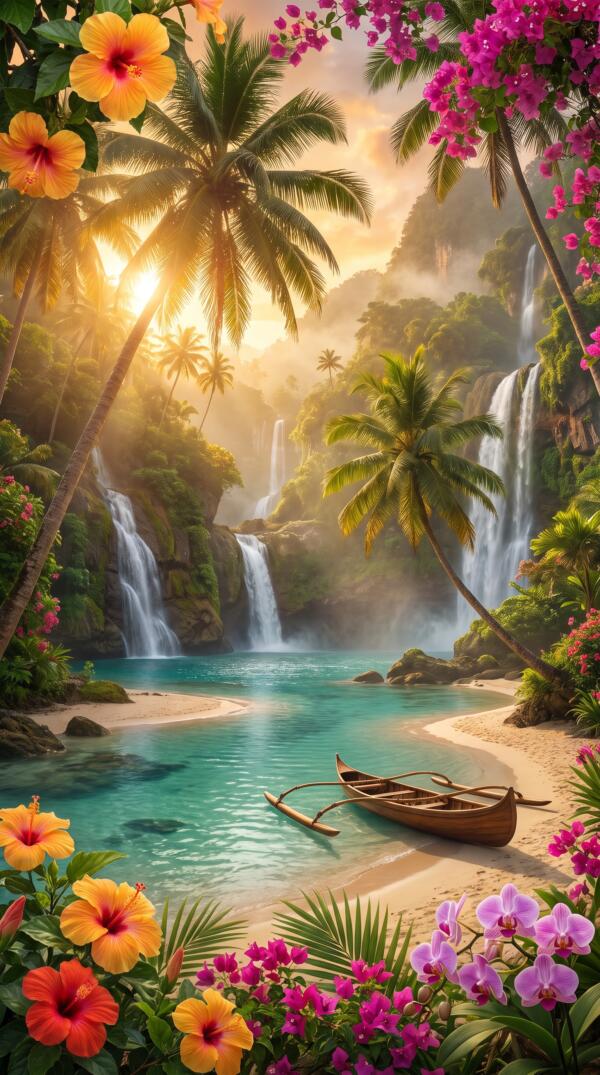 Tropical Island Waterfall Wallpaper