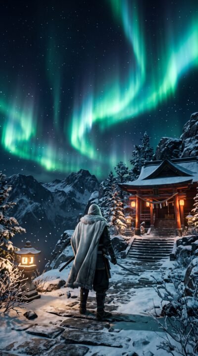 Aurora Mountain Shrine Wallpaper