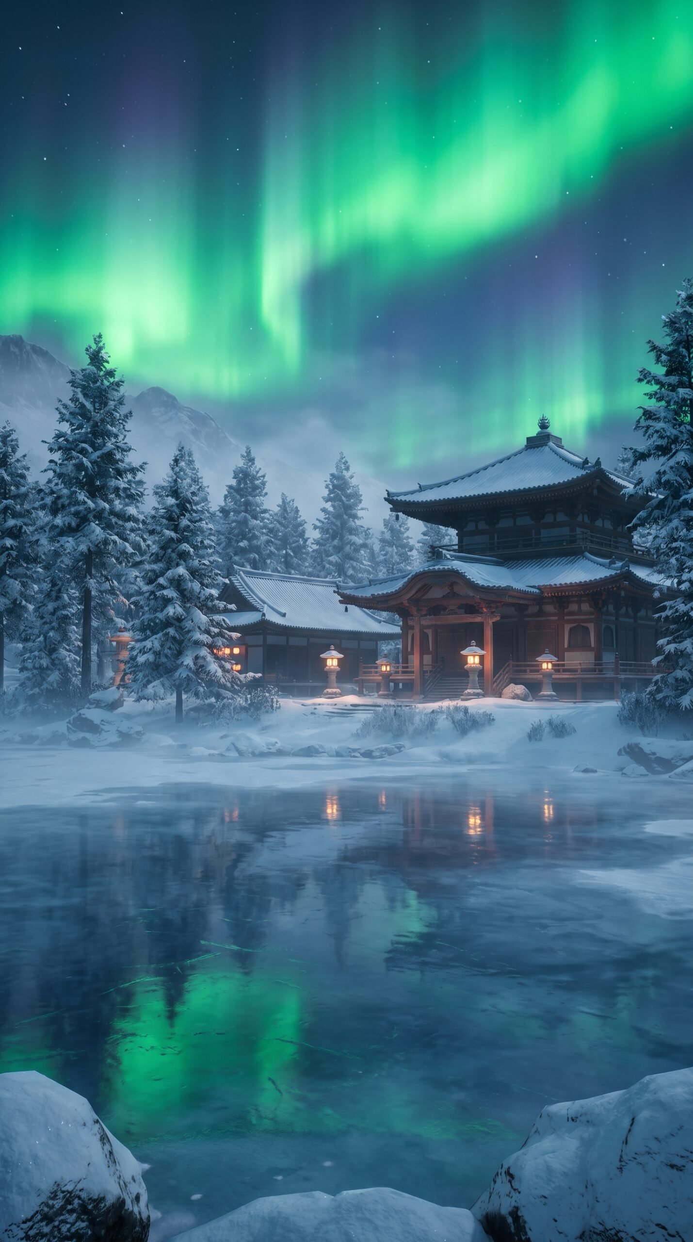 Aurora Snow Temple Wallpaper